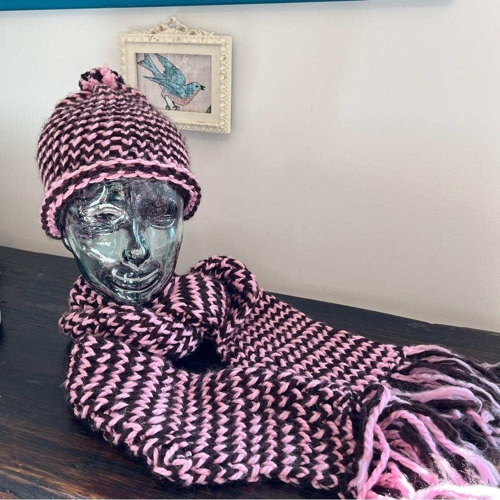 Handmade hand knitted crafted pink brown fringe scarf and hat set pom-pom